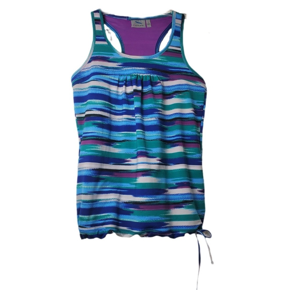 Athleta Tinker Tank Racerback Striped Swim Tankini Swimsuit Top Blue Purple
